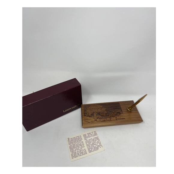 Vintage Desk Set -Gold Pen by Lasercraft ~Solid American Walnut With Tree Design - Picture 6 of 14